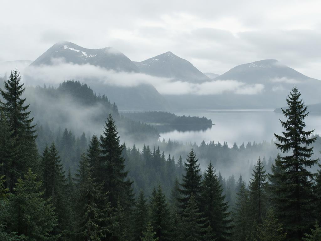 Dimmigt nordiskt skogslandskap